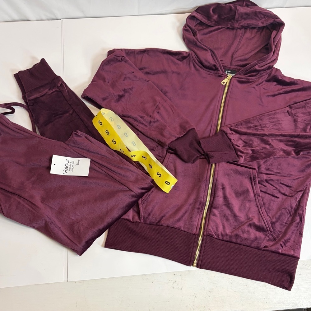 Felina Velour Tracksuit Set Hoodie & Joggers Plum Burgundy NWT Size S
